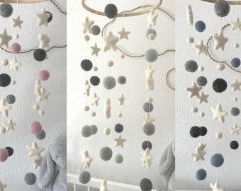 Baby mobile,felt ball baby mobile,mint room,nursery mobile, crib mobile, baby felt mobile, felt star mobile, nursery decor, pink baby mobile