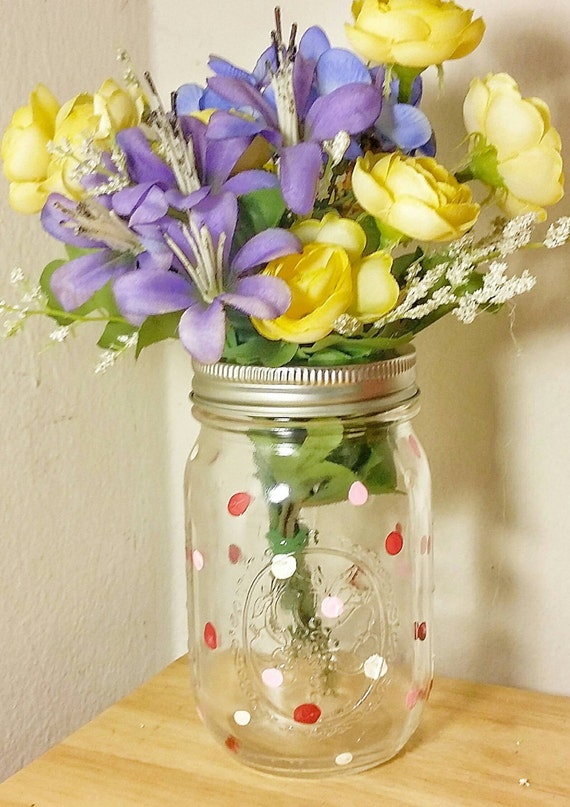 Items similar to Handpainted Polka Dot Mason Jar Red, Pink and White