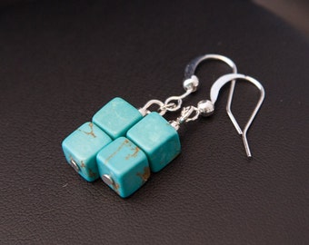 Turquoise Earrings, Turquoise Cube Earrings, Modern Earrings, Turquoise Drops, Boho Earrings Boho Turquoise Earrings, Silver Turquoise Drops