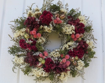 Dried Flower Wreath, German Statice Wreath, Green, Pink and Burgundy Wreath, Dried Floral Wreath, Hydrangea Wreath, Burgundy Dried Wreath