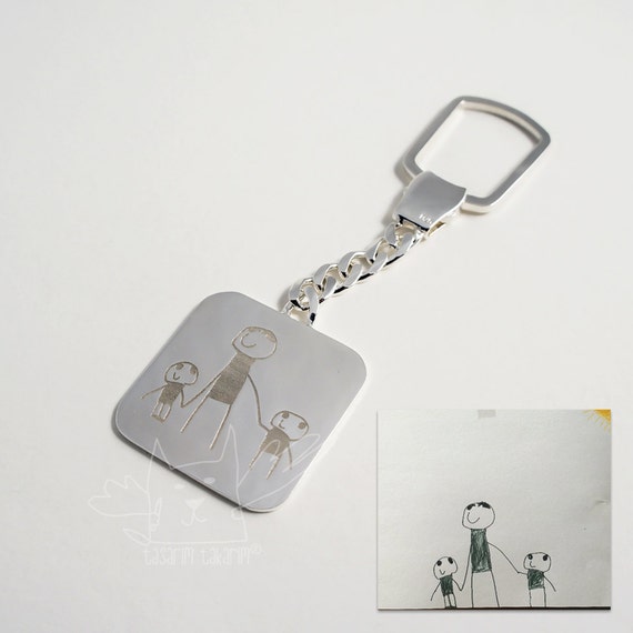 Personalized Keychains, Custom made sterling silver keychains from your children's drawings, one-of-a-kind gift, gift for him