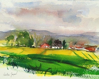 Original watercolor of a countryside landscape in the yellow fields with farms, original landscape painting French, landscape Lorraine