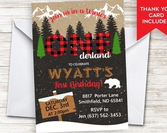 Lumberjack First Birthday Invitation Invite Onederland Winter Plaid Boys 5x7 One Digital Personalized