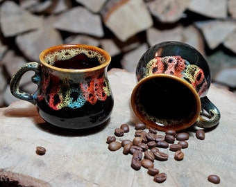 Women gift ideas Stoneware coffee mugs Set of 2 Birthday gift for wife Small ceramic mugs Anniversary gifts parents Black coffee mug set