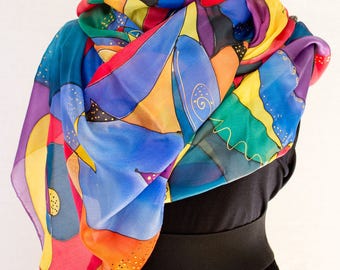 Hand-painted silk scarf ; red blue and yellow ; an object suitable for an anniversary ; or birthday ; stole colored silk squares