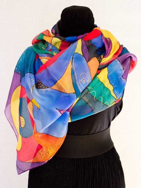 Hand-painted silk scarf red blue and yellow an object