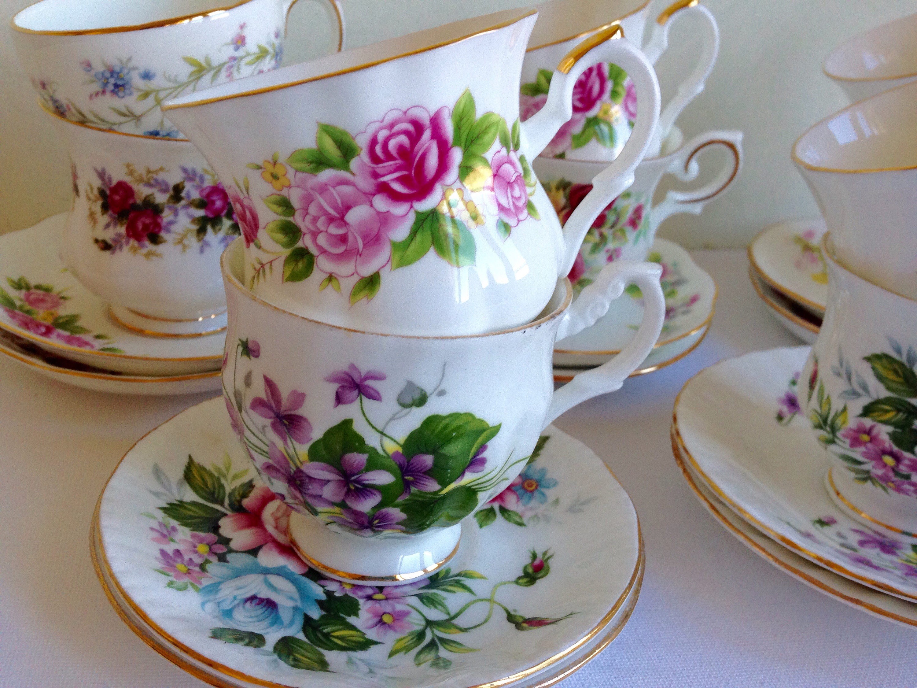 10 Mismatched Tea Cups and Saucers Tea Party Set Birtday