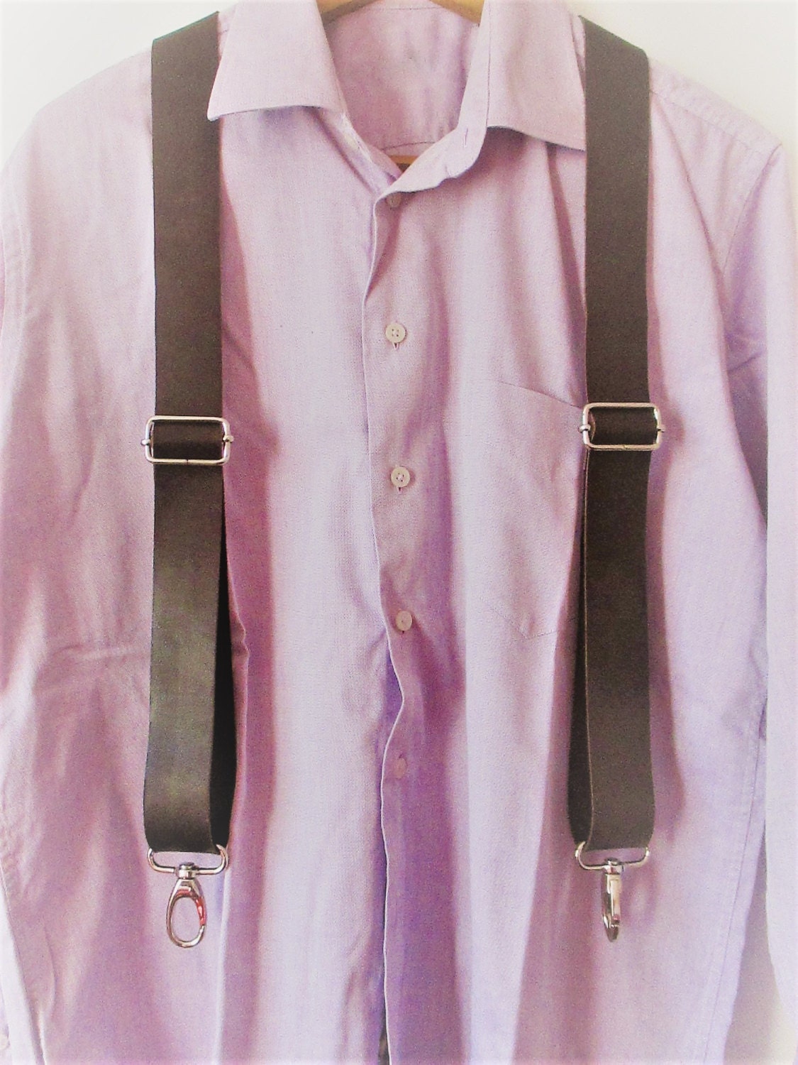 Men's suspenders full calfskin leather attaches to belt