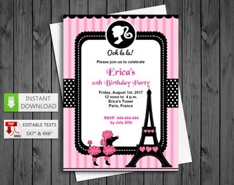 Printable invitation Poddle paris in PDF with Editable Texts, Glamour paris party Invitation, edit and print yourself! - Instant Download!