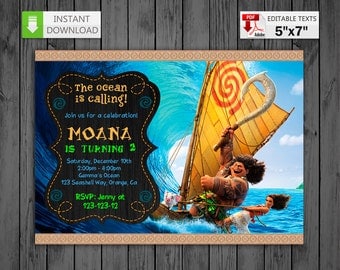 Printable invitation Moana Princess in PDF with Editable Texts, Moana princess party Birthday Invitation, edit and print yourself!