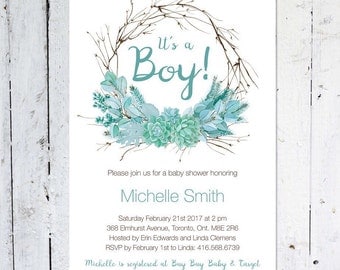 Baby Shower Invitation Boy, Wreath Baby Shower Invitation, It's A Boy, Turquoise, Floral, Rustic, Printable, Printed, Fall