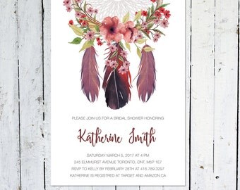 Bridal Shower Invitation, Boho Bridal Shower Invitation, Dream Catcher, Maroon