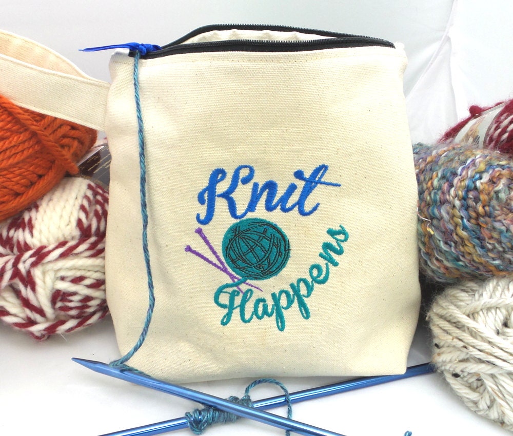 Knit Happens Project Bag Canvas Knitting Bag by AprilNineDesigns