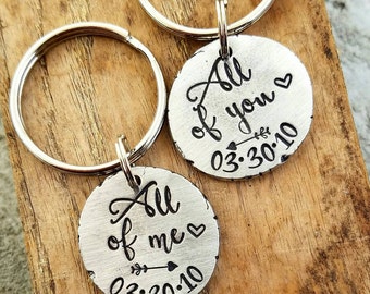 Personalized hand stamped MATCHING SET couples keychains Custom valentines day gift. Personalized anniversary gift for her. Girlfriend gift.