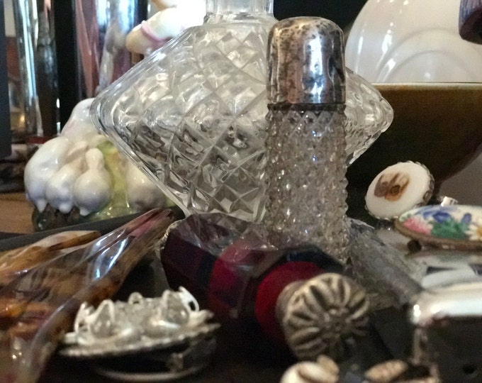 Crystal and Silver Lidded Perfume Bottle. HM Silver Lidded cut crystal small bottle.