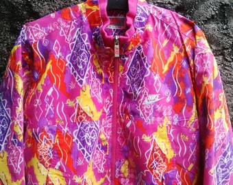 90s NIKE Womens Bomber Jacket Art Full Printed Multicolor .. Sz Medium Womens