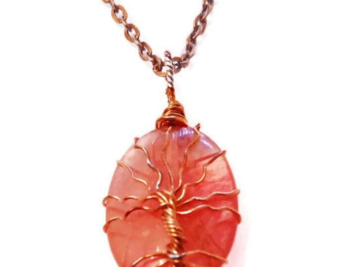 Copper Wire Wrapped Cherry Quartz Tree of Life Gemstone Necklace,, Unique Birthday Gift, Tree of Life Necklace, Chakra Jewelry