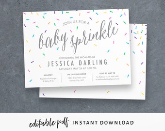 Baby Sprinkle Invitation Editable PDF, for sprinkle themed baby shower. Cute rainbow confetti sprinkles in neutral colors on white card.