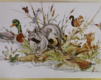 WOODLANDS SCENE Hallmark Design Duck Raccoon VERY Large Crewel Embroidery Kit Linen Fabric