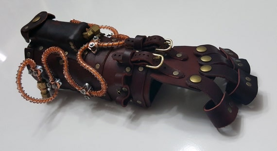 Steampunk Gauntlet (Right or Left) - Red Leather - Brass/Copper Hardware - Orange Lighting Effects by ModForgeLLC steampunk buy now online