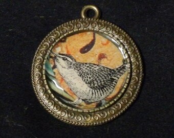 Copper Bird Art Pendant, Wearable, Collage Pendant, JuneMableStudio