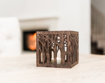 NEW! Wooden candle lantern - Wooden candle holder - Rustic candle holder - Brown lasercut candle holder - Wooden tealight lantern