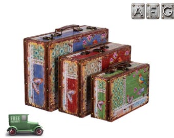 Holz- Lederkoffer Shabby Chic 3er Set