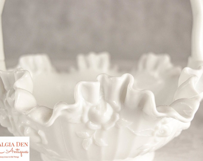 Milk Glass Bridal Basket | Fenton White Rose Basket | Vintage Wedding Decor