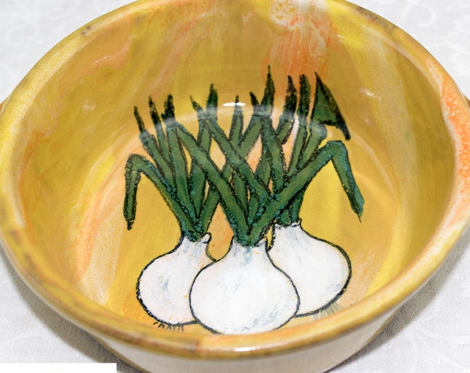 Primitive Redware Hand Painted Folk Art Green Onion Pottery Bowl