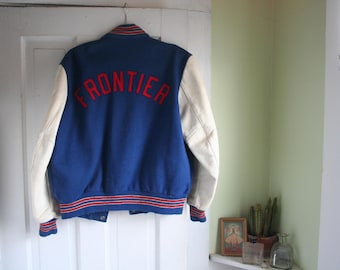 Vintage Varsity 1978 Frontier Regional High School Lettermans Jacket Blue Red White in Good Condition