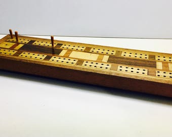 Beautiful Antique Inlay Cribbage Board with 3 Original Wooden Pegs, Lovely Craftsmanship - Large Board 14 1/2" L