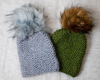 Wooly fur Pompom * ready to ship * gray Knit Cap with Pompon for HER * grey *.