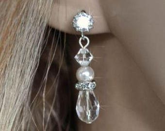 Handmade Swarovski Pearl, CZ and Crystal Dangle Bridal Earrings, Bridal, Wedding (Pearl-559)
