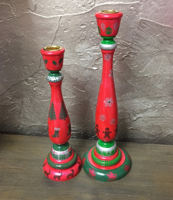 Hand painted Christmas candlesticks red green silver
