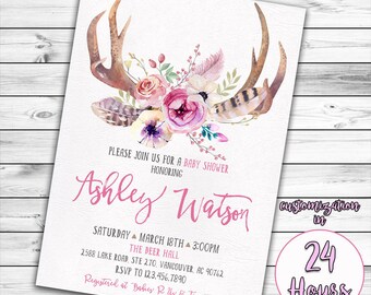 Antler Baby Shower Invitation, Deer Baby Shower, Girl Baby Shower Invitation, Woodland Baby Shower, Boho, Oh Deer, Baby Girl, Tribal, Pink