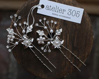 Crystal Floral Hairpins, Rhinestone Hair Pins, Wedding Hair Pins, Wedding Hair Piece, Bridal Hair Piece, Silver Hair Pins, Set Of Hair Pins
