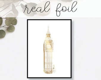 Big Ben London Print // Real Gold Foil // Minimal // Gold Foil Art // Home Decor // Modern Office Print // England // Landmark // World