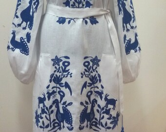 Ukrainian linen embroidered dress . Women's Maxi Dress . Boho style .