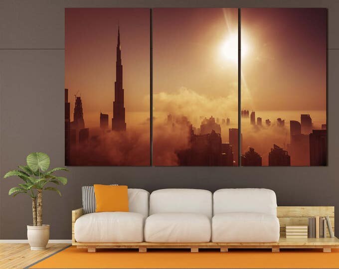 Large Dubai Burj Khalifa canvas print, dubai skyline set of 3 panel wall art, dubai skyline art, city skyline wall art Dubai canvas wall art