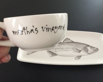 Handmade Nantucket or Martha's Vineyard sea bass fish mug and plate set, tea and toast or soup and sandwich can be customized