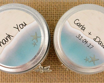 Personalized Sunscreen is a nice favor to make guests more comfortable at your beach wedding ceremony. Travel sized containers are filled with SPF 30 Sunscreen 