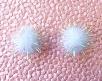 Vegan Pom Pom Earrings // White Post Earrings // Iridescent Kawaii Puffs