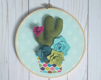 Potted cactus with succulents hoop art, cactus decor, succulent decor, 8 inch hoop art