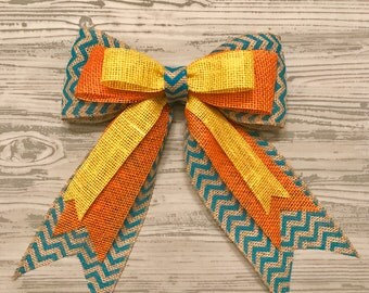 Spring burlap bow, Easter wreath bow, chevron burlap, Spring wreath, yellow, orange, turquoise, wreath bows, Spring bow