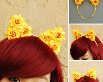 Floral Cat Ear Headband | Flower Kitty Ear Headband -- Sunshine Yellow