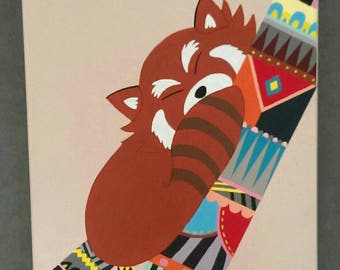 Peinture chambre enfant panda roux motifs incas brun bleu animal nature