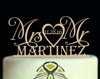Mr and Mrs Surname Cake Topper,Wedding Cake Topper,Custom Date Heart Cake Topper Wedding,Mr and Mrs Cake Toppers,Rustic Wedding Cake Deco