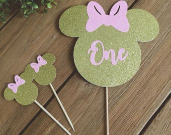 Glittered Minnie Mouse Cake Toppers, Minnie Cake Toppers, Minnie Cake, Minnie Mouse Party, Gold Minnie Mouse Cake Topper