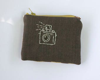 Camera Embroidered Pouch - one of a kind zipper - lined - matte gold sequins - cotton brown faux bois wood grain - Handmade in USA