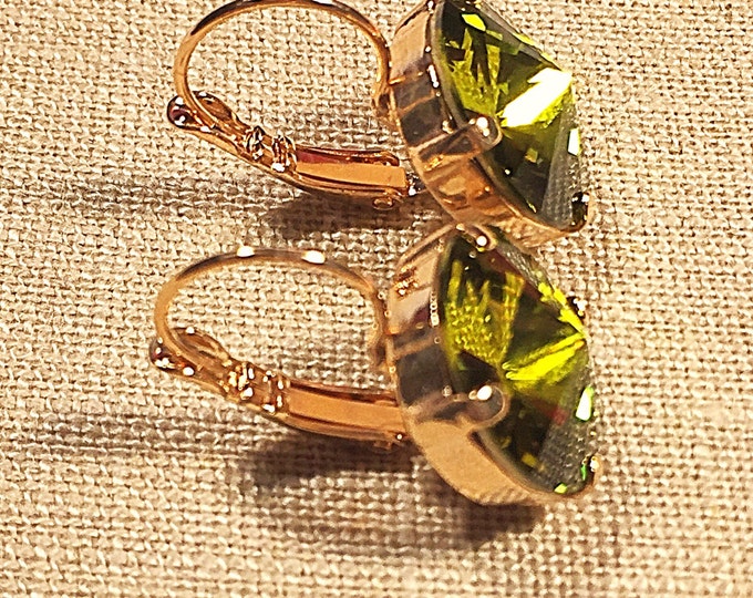 Sparkly green olivine Swarovski crystal drop dangle elegant lever back earrings with rose-gold plated prong settings and lever-back closures